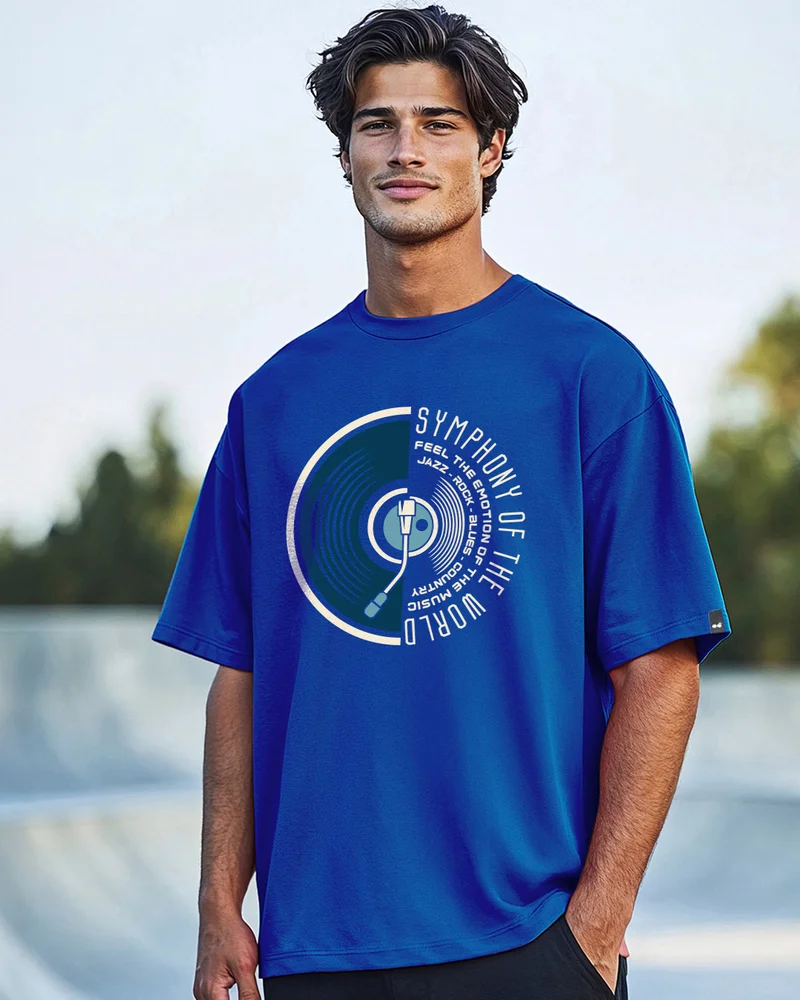 بيواكوف Men's Blue Symphony Graphic Printed Oversized T-shirt